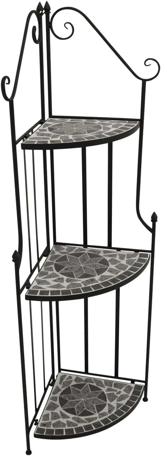 DEGAMO Gartenregal Eckregal Siena 38x36x142cm, Gestell Metall schwarz, Regalböden aus Keramik in Mosaik-Optik grau/Weiss, Outdoor und Indoor — Ansicht 3