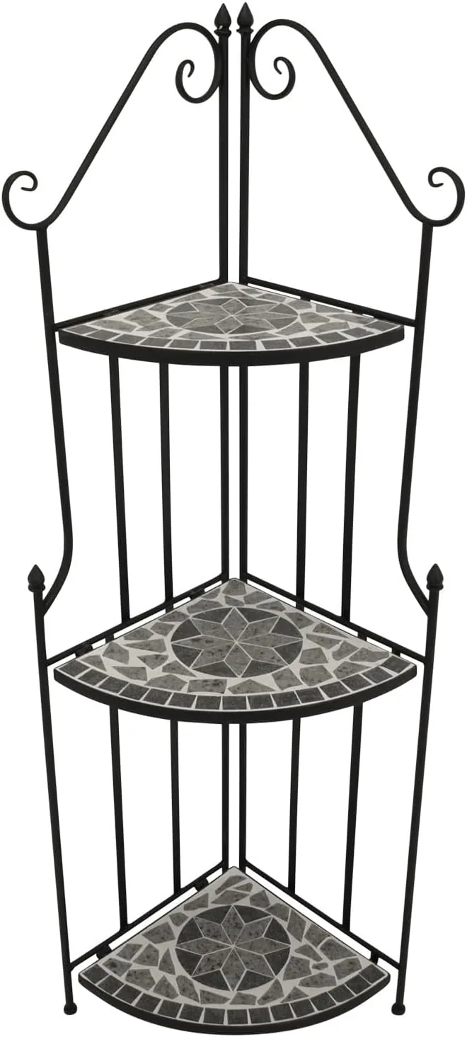 DEGAMO Gartenregal Eckregal Siena 38x36x142cm, Gestell Metall schwarz, Regalböden aus Keramik in Mosaik-Optik grau/Weiss, Outdoor und Indoor