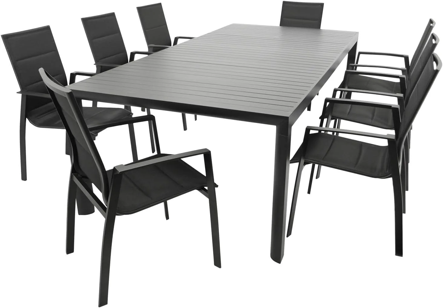 DEGAMO Gartenset Garnitur Lagos XL 9-teilig (8X Stapelsessel schwarz, 1x Ausziehtisch 195/255x120cm), Alu anthrazit, Outdoor