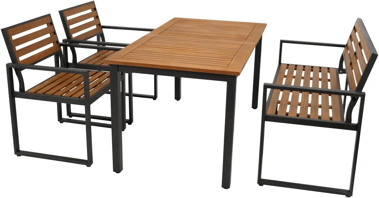 DEGAMO Gartenset Garnitur RAGUSA 4-teilig (2X Sessel, 1x Bank 2-sitzer, 1x Tisch rechteckig 150x80cm), Stahl anthrazit + Akazie geölt, FSC®-Zertifiziert