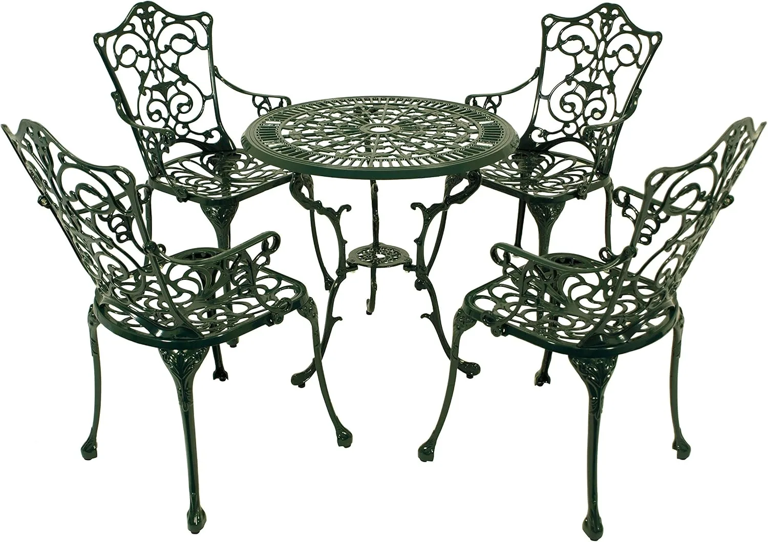 DEGAMO Gartenset Jugendstil in Nostalgie Optik 5-teilig, Aluguss duneklgrün, wetterfest, 4X Sessel und 1x Tisch 70cm rund