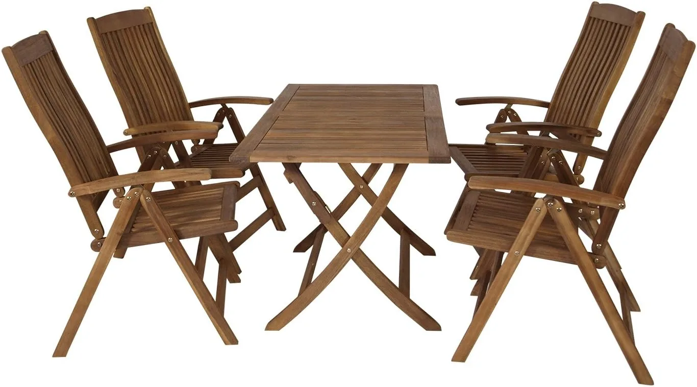 DEGAMO Gartenset Klappgarnitur Maracana 5-teilig (4X Sessel Hochlehner, 1x Tisch 70x120cm), Akazie geölt