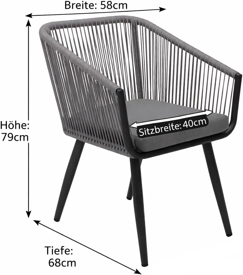 DEGAMO Gartenstuhl Riva, Aluminium wetterfest anthrazit + Rope grau, mit Kissen grau, modern, Outdoor, 2 STCK. — Ansicht 3