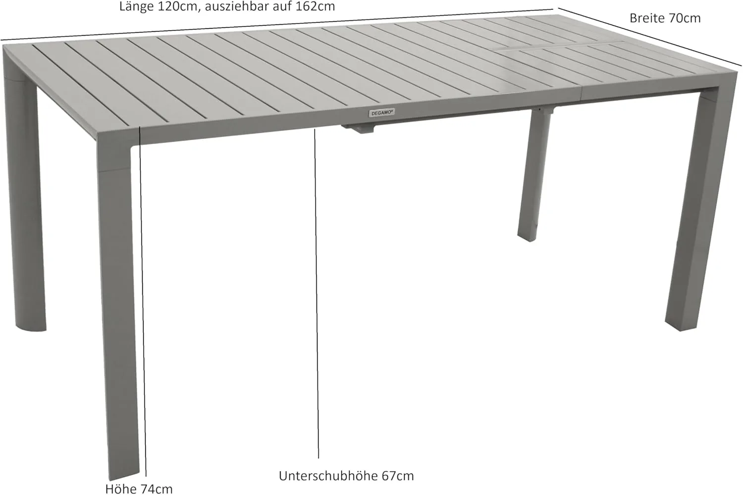 DEGAMO Gartentisch Ausziehtisch BAGO 120/162x70cm, Aluminium Silbergrau, Outdoor wetterfest — Ansicht 3