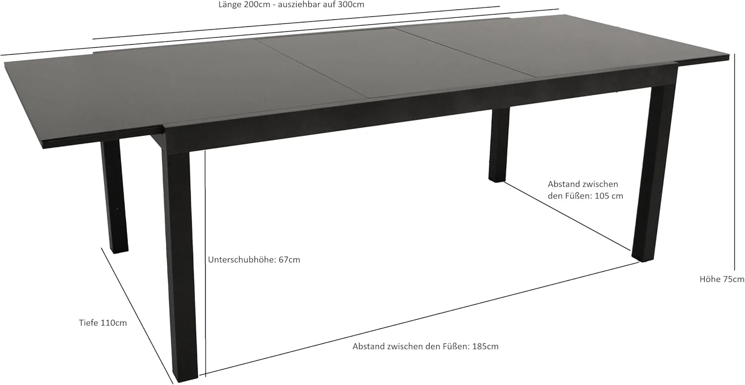 DEGAMO Gartentisch Ausziehtisch ELBA XXL, 200/300x110cm, Aluminium anthrazit + Glas schwarz, Outdoor — Ansicht 2