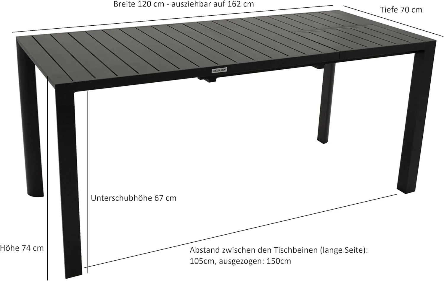 DEGAMO Gartentisch Ausziehtisch Lagos 120/162x70cm, Aluminium anthrazit, Outdoor wetterfest — Ansicht 3
