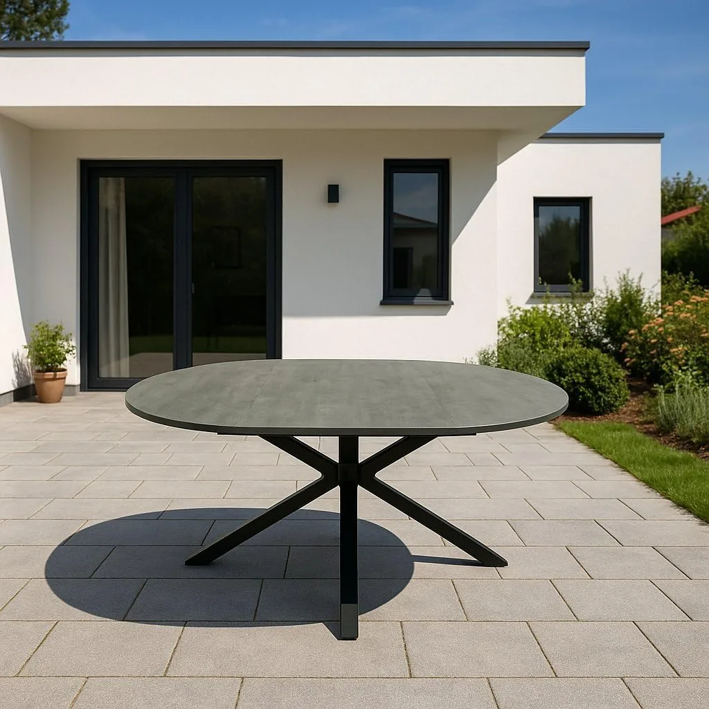 DEGAMO Gartentisch Ausziehtisch Lyon 140cm rund, ausziehbar auf 200cm, Aluminium anthrazit + ECP in Keramikoptik hellgrau, Outdoor — Ansicht 2