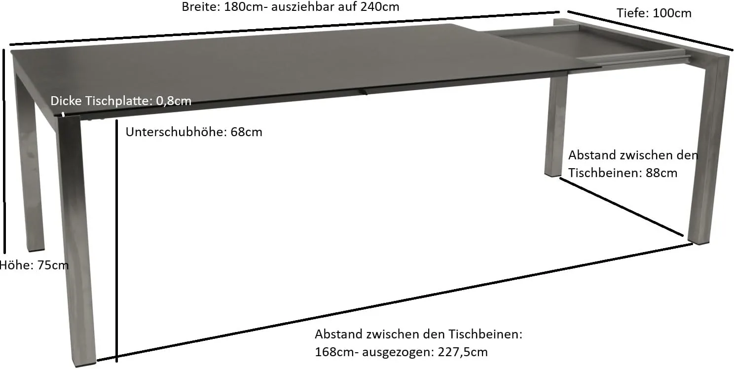 DEGAMO Gartentisch Ausziehtisch Sydney, 180/240x100cm, Edelstahl gebürstet + Glas in 3D Keramikoptik anthrazit, Outdoor wetterfest — Ansicht 2