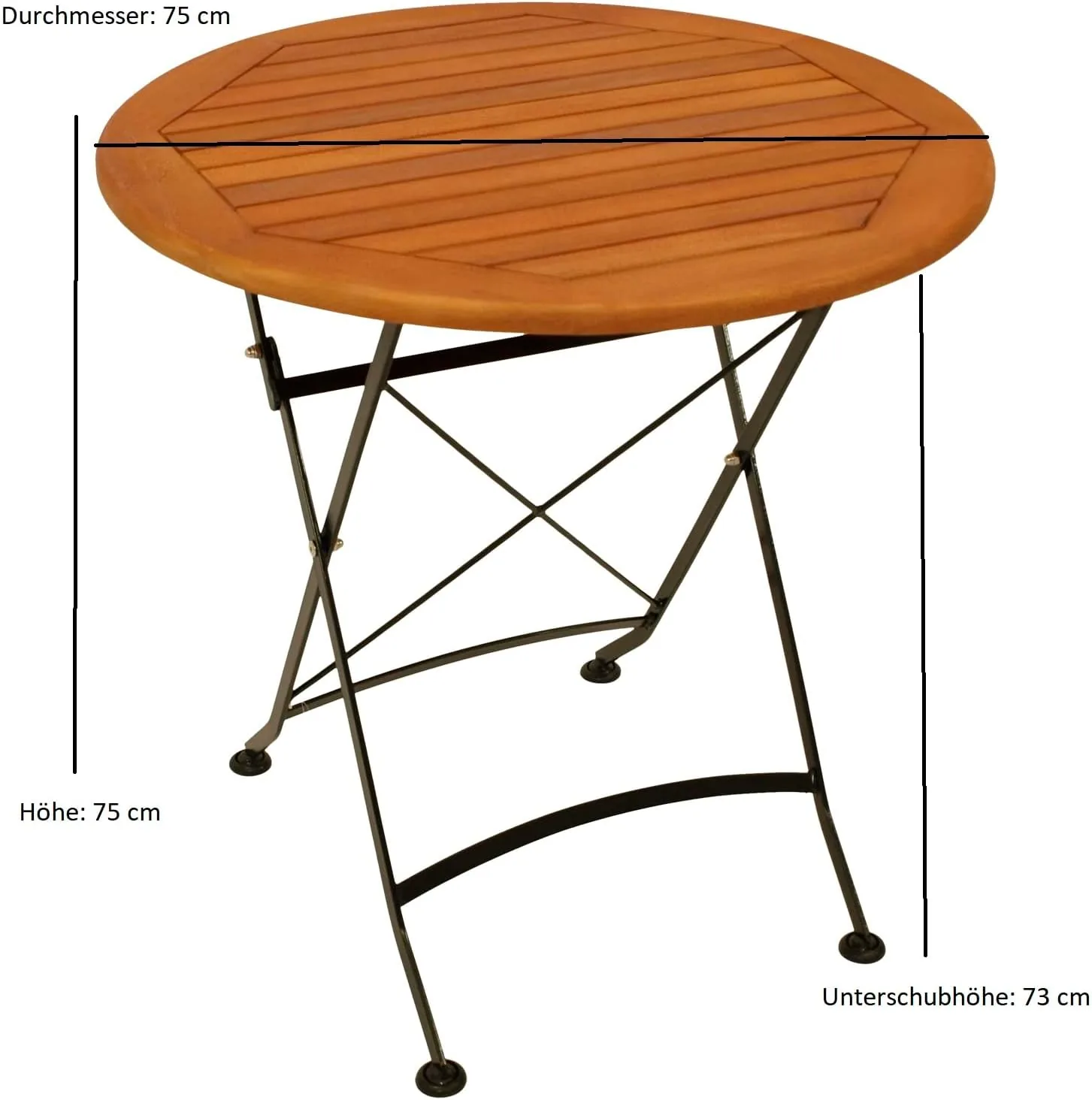 DEGAMO Gartentisch Klapptisch HOFGARTEN 75cm rund, Flachstahl schwarz + Eukalyptus Holz, braun geölt, klappbar, Outdoor — Ansicht 2