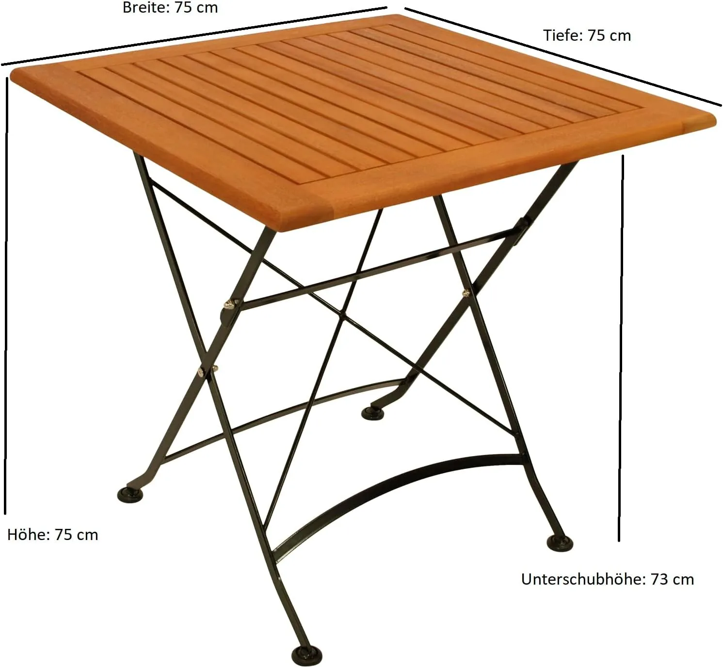 DEGAMO Gartentisch Klapptisch HOFGARTEN 75x75cm, Flachstahl schwarz + Eukalyptus Holz, braun geölt, klappbar, Outdoor — Ansicht 2