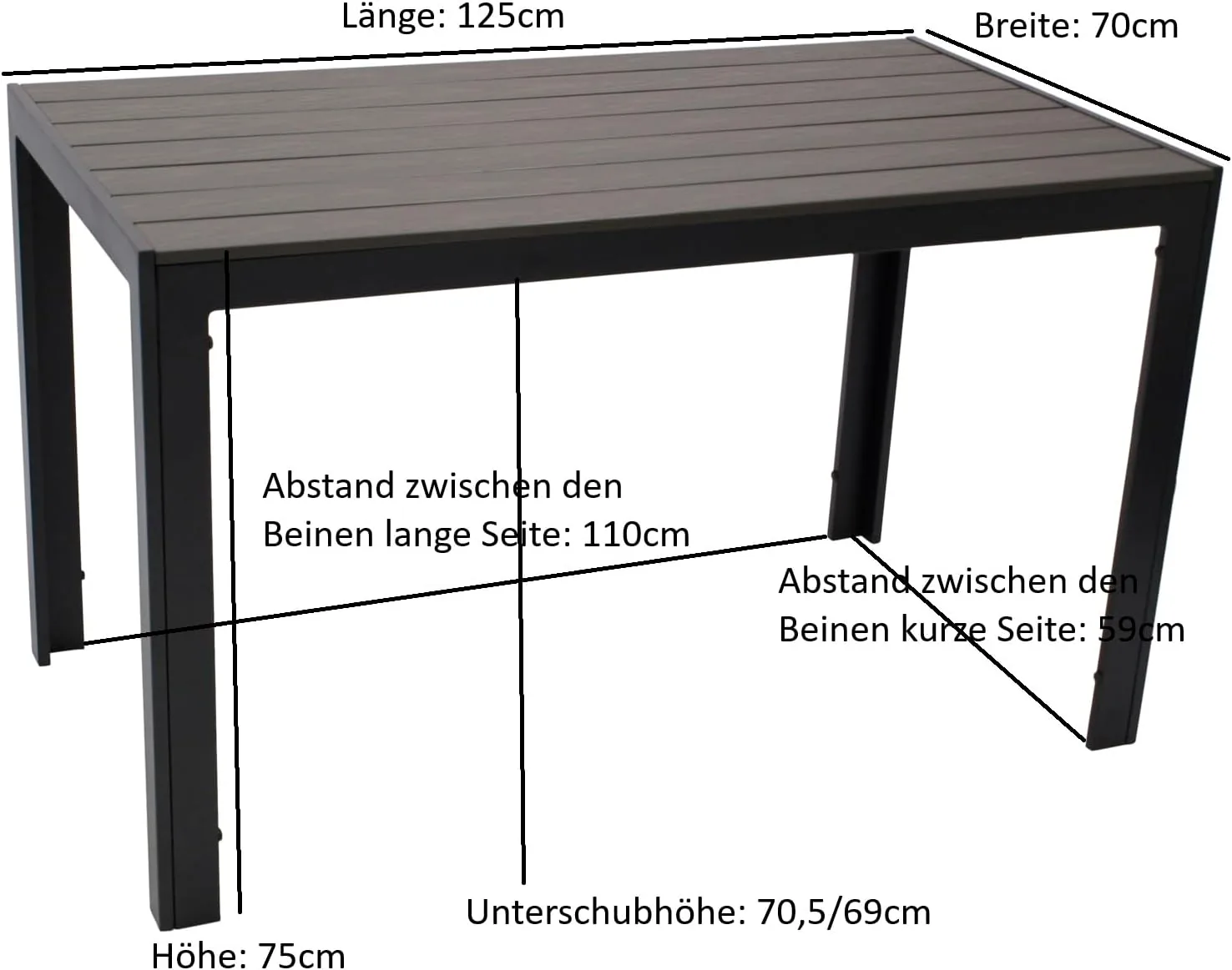 DEGAMO Gartentisch Sorano 70x125cm rechteckig, Gestell Aluminium anthrazit, Tischplatte Kunstholz in Holzoptik dunkelgrau, wetterfest — Ansicht 3