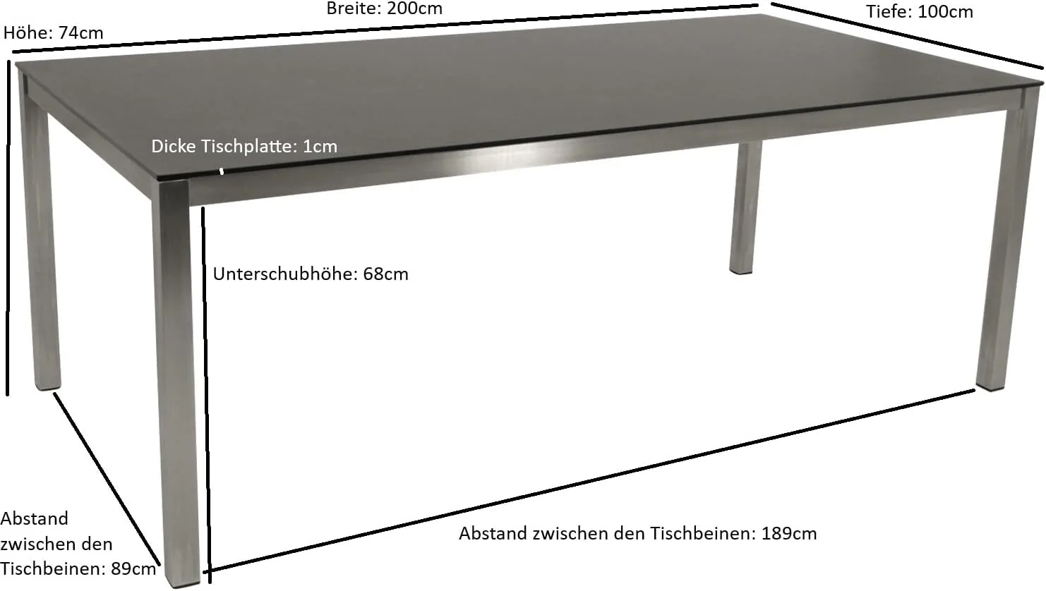 DEGAMO Gartentisch Sydney, 200x100cm, Edelstahl gebürstet + Glas in 3D Keramikoptik anthrazit, Outdoor wetterfest — Ansicht 2