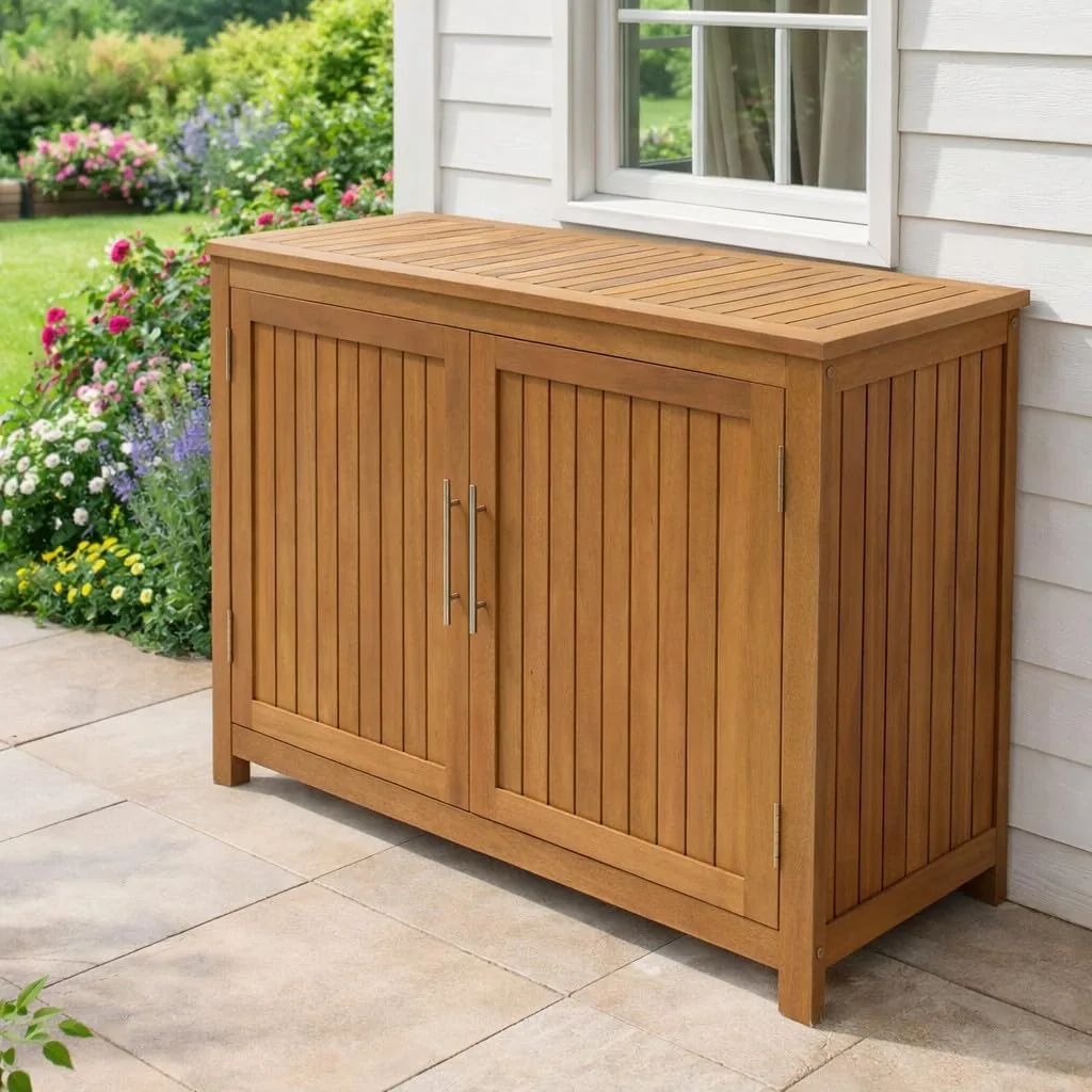 DEGAMO Holz Gartenschrank Cabinet 120x50cm mit Zwei Ebenen, Eukayltpus — Ansicht 2