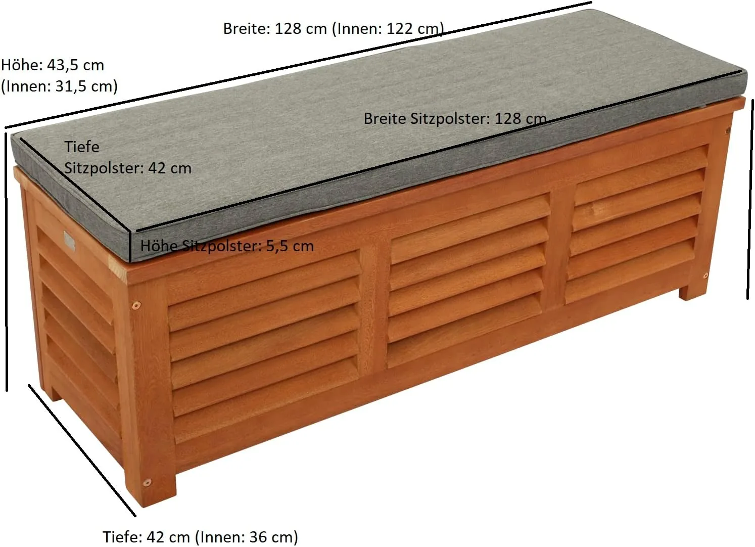 DEGAMO Kissenbox Kissentruhe mit Deckel 128 x 42 x 43,5 cm, Eukalyptus Holz braun geölt, mit Auflage grau, FSC®-Zertifiziert — Ansicht 2