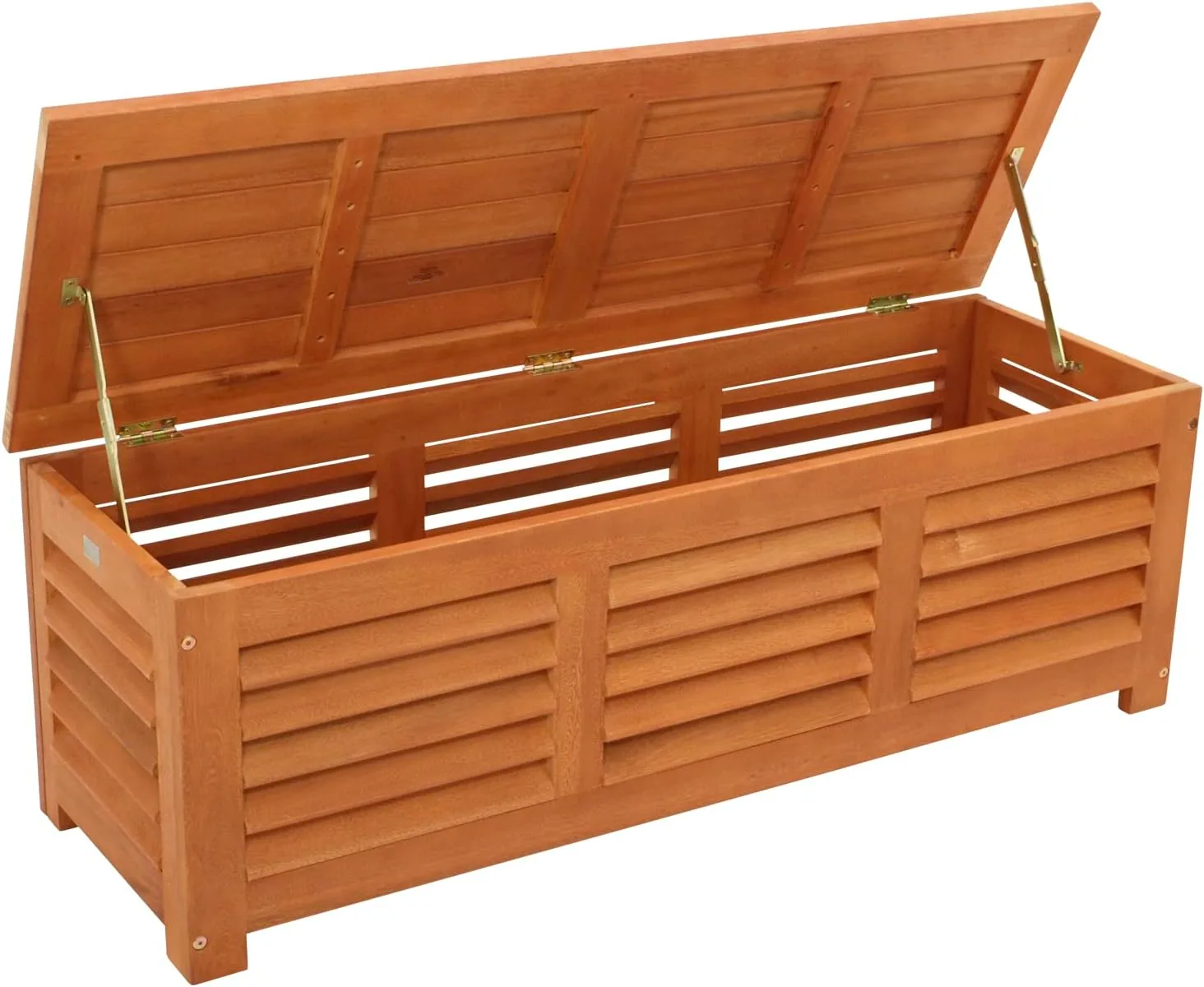 DEGAMO Kissenbox Kissentruhe mit Deckel 128 x 42 x 43,5 cm, Eukalyptus Holz braun geölt, mit Auflage grau, FSC®-Zertifiziert — Ansicht 3