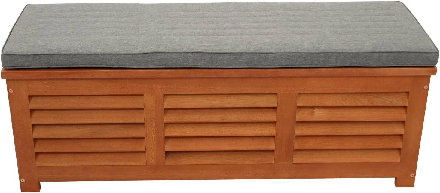 DEGAMO Kissenbox Kissentruhe mit Deckel 128 x 42 x 43,5 cm, Eukalyptus Holz braun geölt, mit Auflage grau, FSC®-Zertifiziert — Ansicht 6