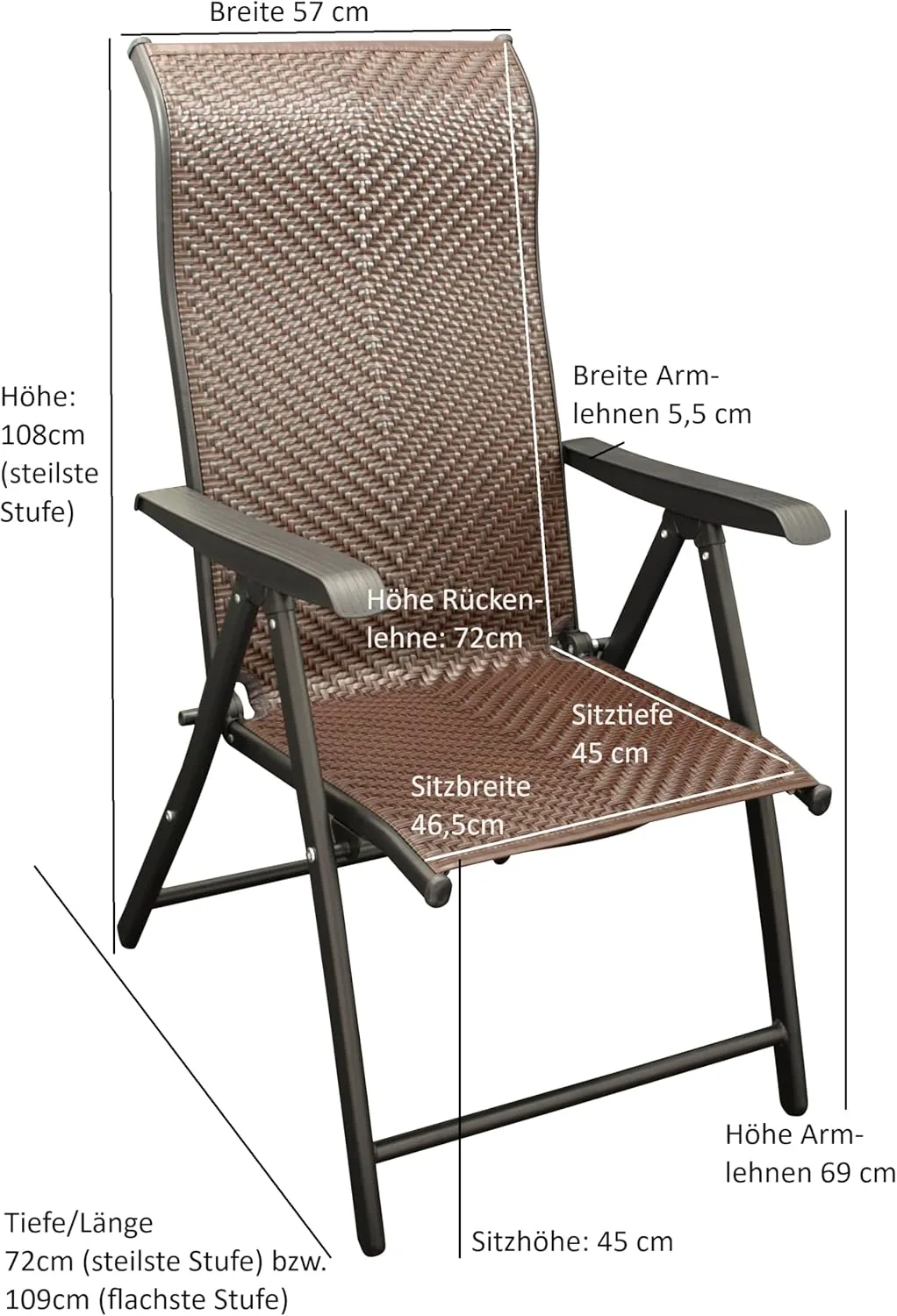 DEGAMO Klappsessel Gartensessel Antibes Hochlehner, Metall und Polyrattan braun, 7-Fach verstellbar, faltbar, Outdoor — Ansicht 2