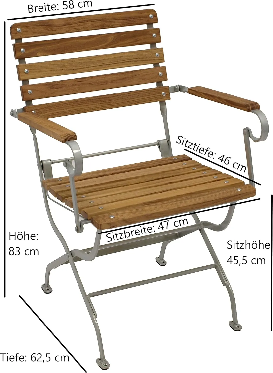 DEGAMO Klappsessel Gartenstuhl Passau mit Armlehnen, Gestell Flachstahl verzinkt und transparent pulverbeschichtet, Belattung Robinie — Ansicht 2