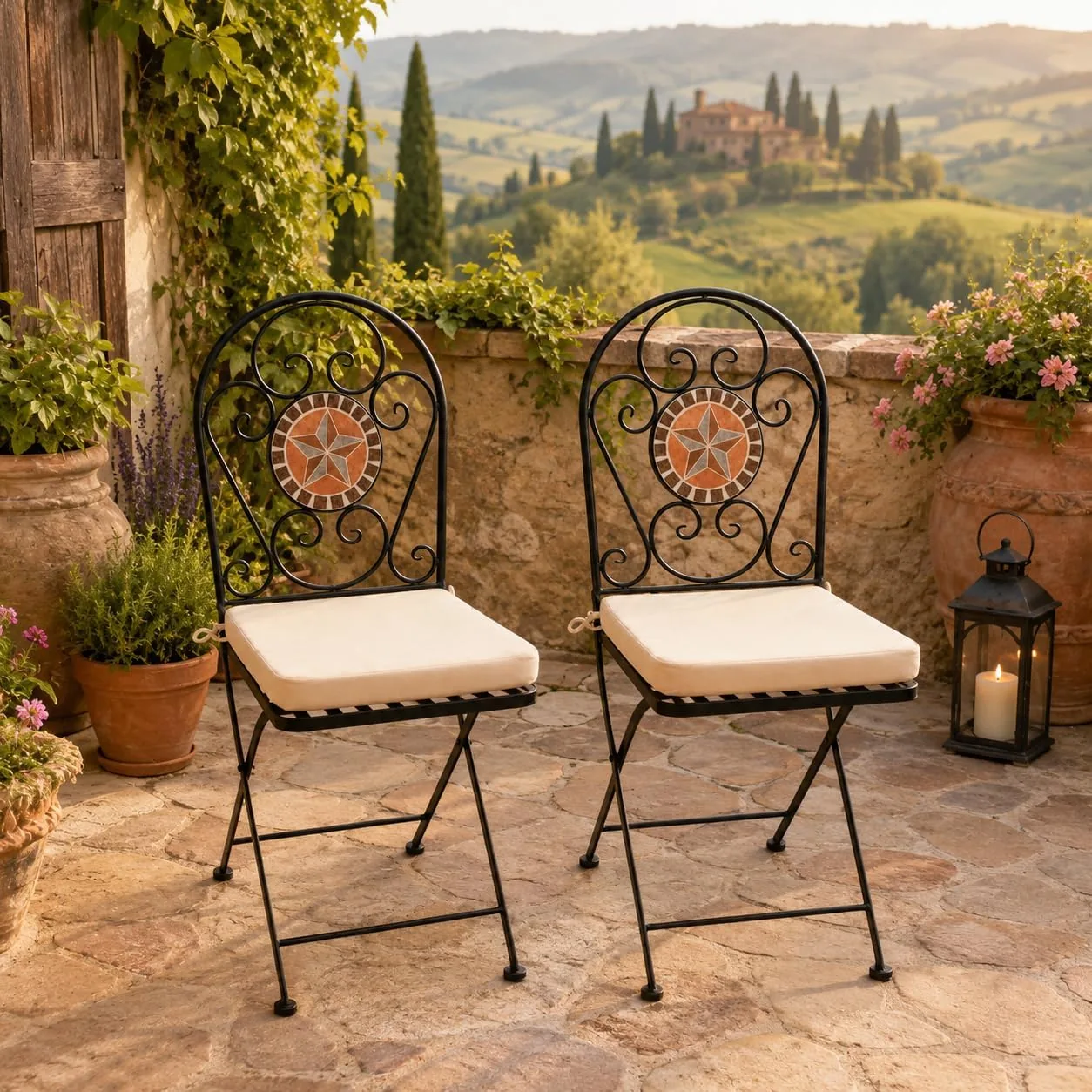 DEGAMO Klappstuhl Lucca Eisen schwarz mit Keramik Mosaikdekor terracottafarben im Rückenteil, mit Polster Ecru, klappbar, Outdoor 2 STÜCK — Ansicht 2