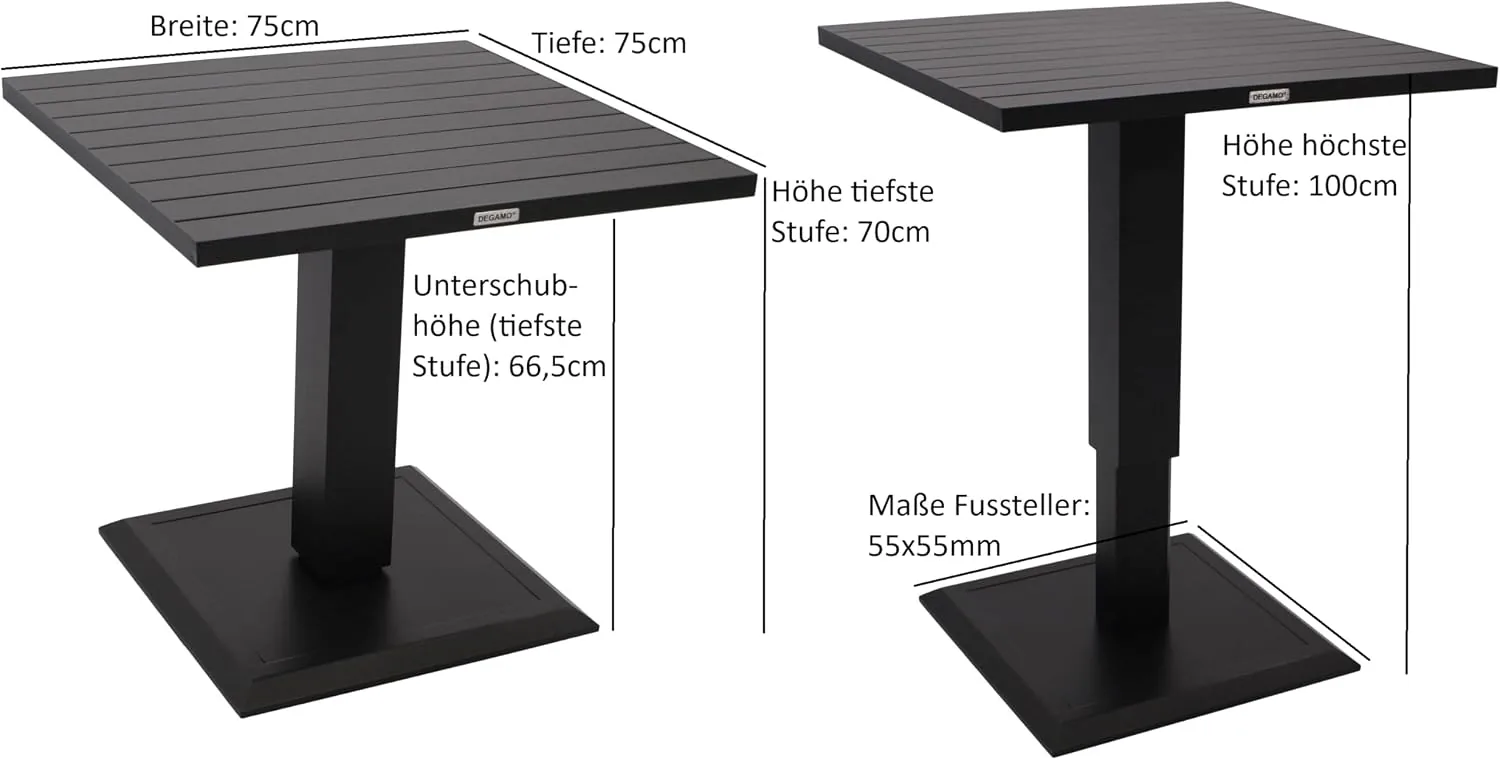 DEGAMO Lifttisch Stehtisch Laval 75x75cm quadratisch, höhenverstellbar 70/100cm, Aluminium anthrazit, wetterfest und rostfrei — Ansicht 2