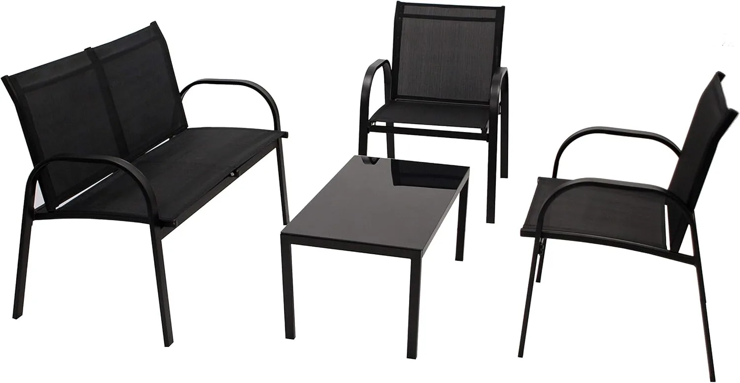 DEGAMO Lounge Set Arona 4-teilig (2X Loungesessel, 1x Loungesofa, 1x Tisch 80x45cm), Metall + Textilgewebe schwarz, Outdoor