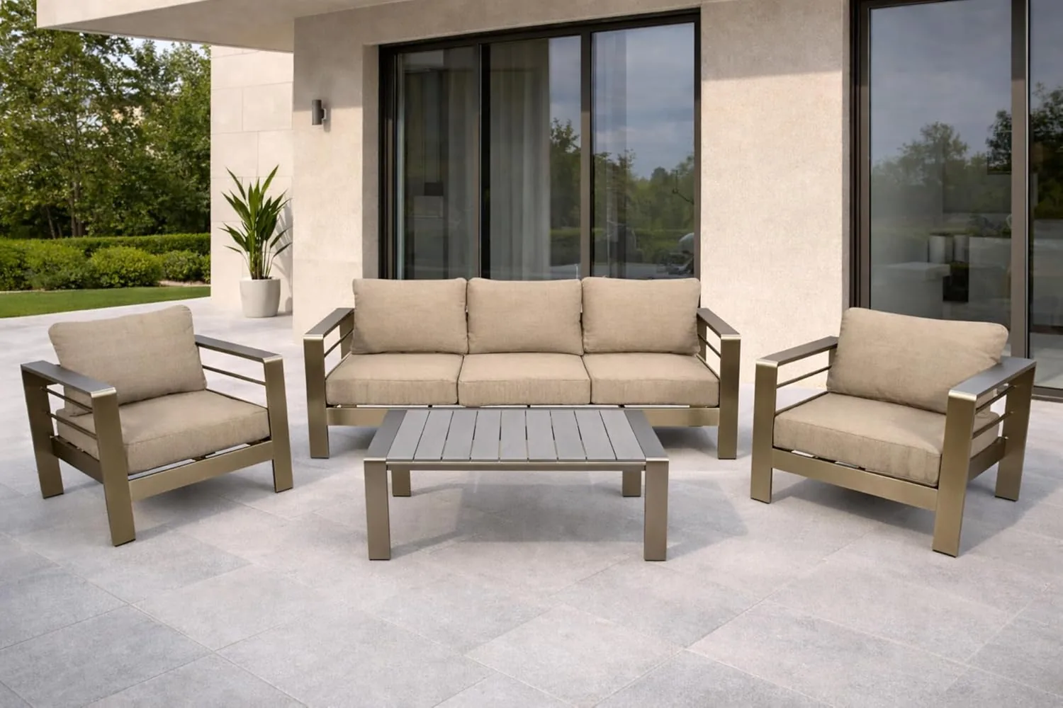 DEGAMO Lounge Set Cannes, Aluminium gebürstet in Edelstahloptik + Kunstholz grau, Polster hellgrau wasserabweisend, Outdoor — Ansicht 2