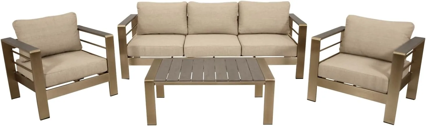 DEGAMO Lounge Set Cannes, Aluminium gebürstet in Edelstahloptik + Kunstholz grau, Polster hellgrau wasserabweisend, Outdoor