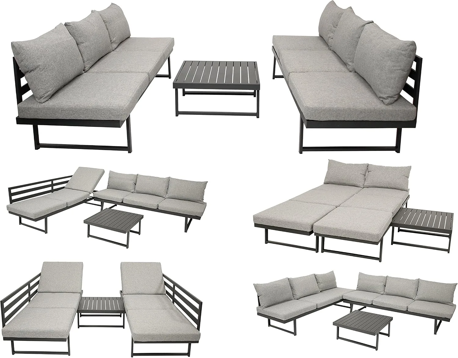 DEGAMO Loungeset Bogota aus Aluminium, 2X Sofa 210cm mit Liegefunktion, 1x Loungetisch 70x70cm, matt-grau beschichtet — Ansicht 2