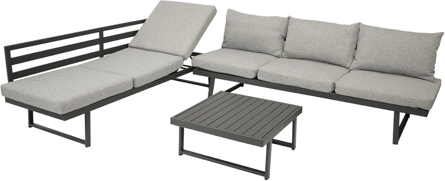 DEGAMO Loungeset Bogota aus Aluminium, 2X Sofa 210cm mit Liegefunktion, 1x Loungetisch 70x70cm, matt-grau beschichtet
