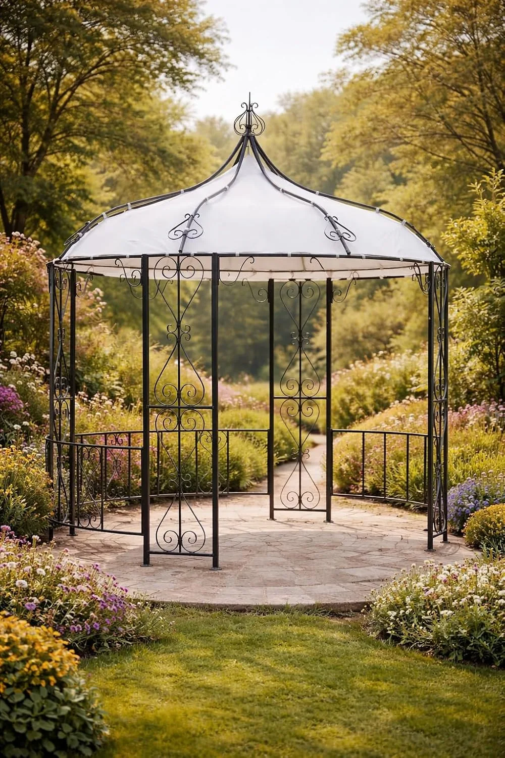 DEGAMO Luxus Pavillon Gartenpavillon Burma 300cm rund, Stahlgestell grau pulverbeschichtet + Dach wasserdicht Weiss — Ansicht 2