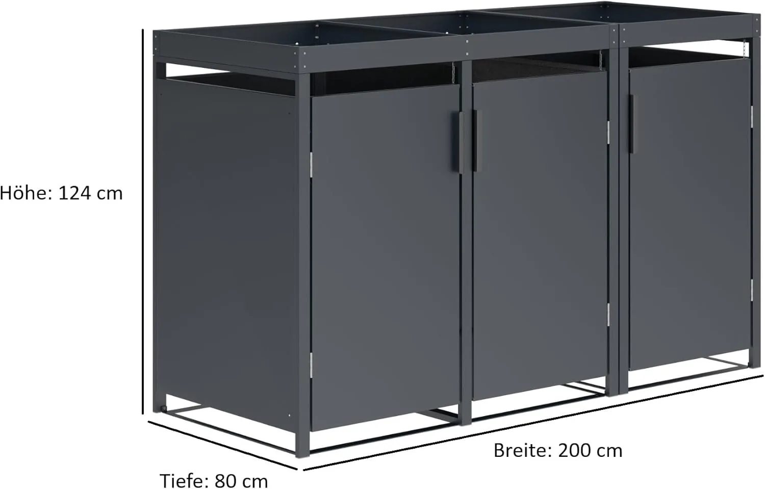DEGAMO Mülltonnenbox 3-er Mülltonnenhaus ULM für 3X Tonnen 120 und 240 Liter, Stahl verzinkt, Farbe anthrazit, mit Pflanzkastenaufsatz — Ansicht 6