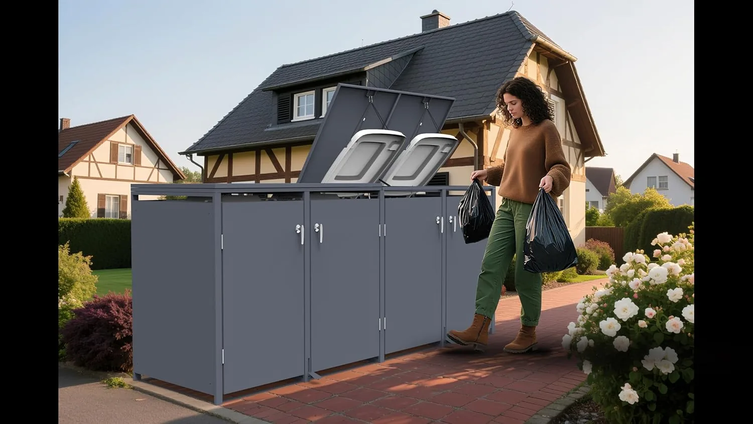 DEGAMO Mülltonnenbox 4-er Mülltonnenhaus BONN mit Fusspedal-Betätigung, für 4X Tonnen 120 und 240 Liter, Stahl verzinkt, Farbe anthrazit — Ansicht 6