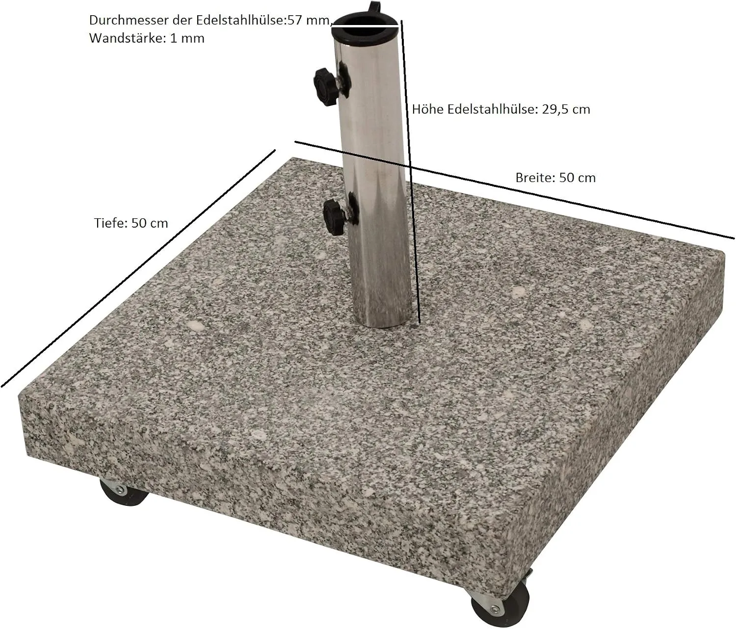DEGAMO Schirmständer aus Granit quadratisch 50kg, für große Schirme bis 350cm, mit vier Rollen, naturfarben — Ansicht 2
