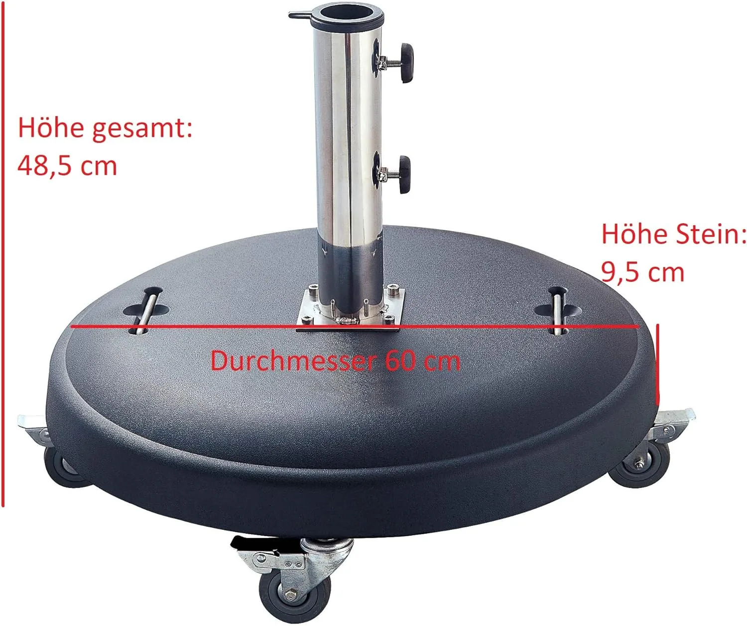 DEGAMO Schirmständer aus Polymerbeton mit Rollen, Rund, 50kg Gewicht, für Schirme bis 350cm, Schwarz, 60cm Durchmesser — Ansicht 3