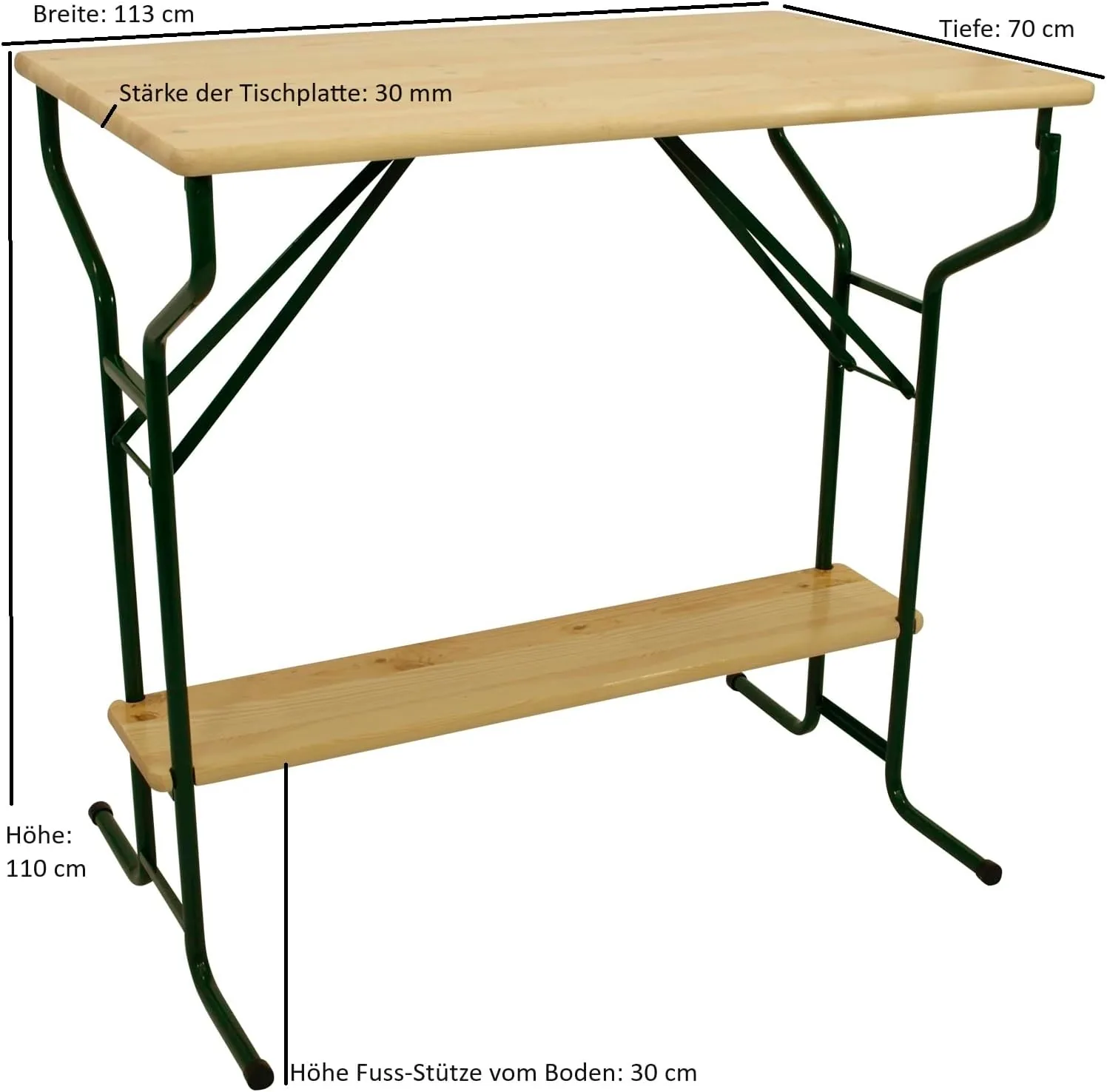 DEGAMO Stehtisch Bartisch Bamberg 70 x 113 cm, Gestell Stahlrohr dunkelgrün, Tischplatte Kiefernholz transparent beschichtet, klappbar, Höhe 110cm — Ansicht 3