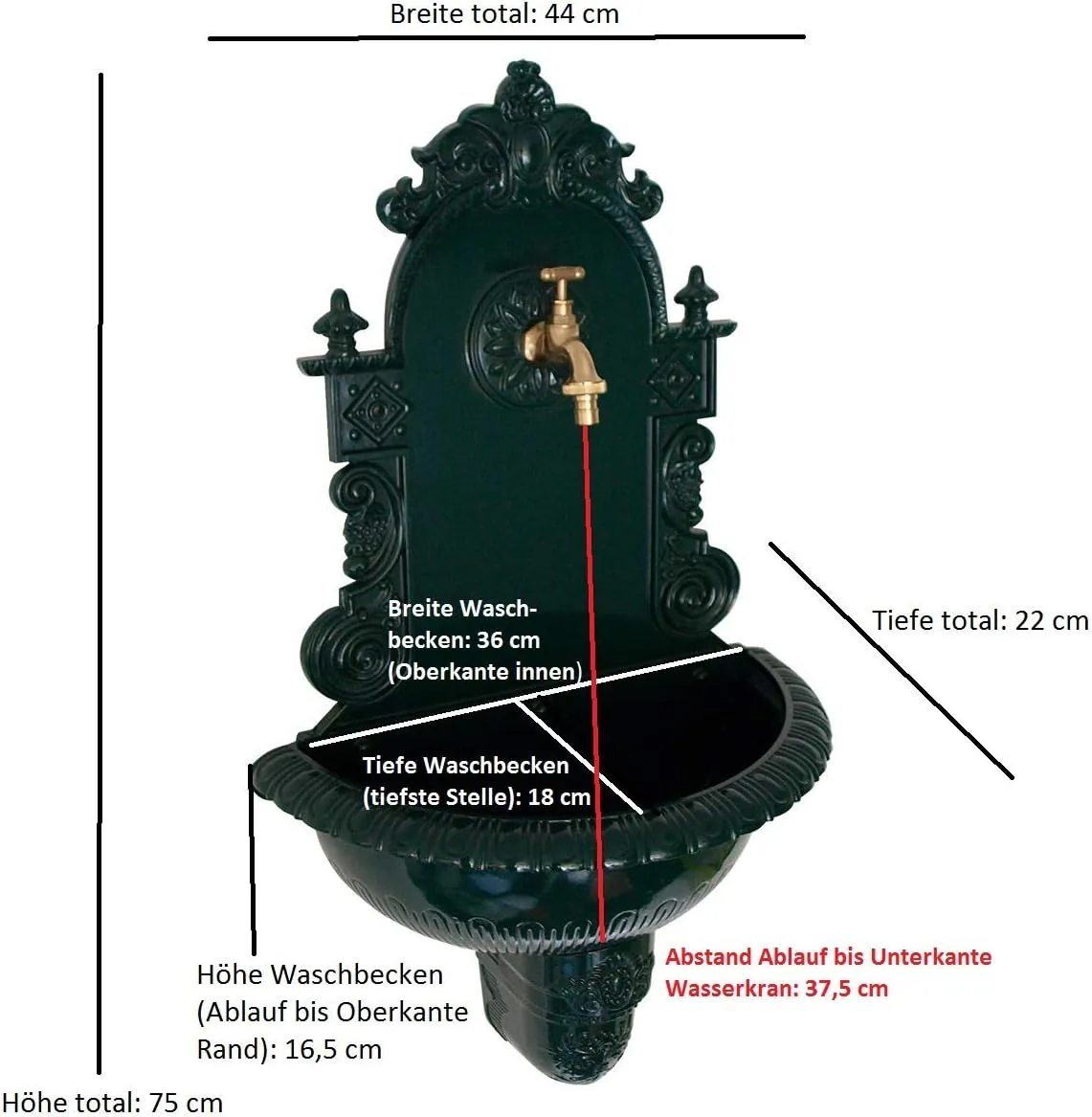 DEGAMO Wandbrunnen Tirol im Nostalgie - Antik-Look aus rostfreiem Aluguss, dunkelgrün, 75cm. Voll funktionsfähig mit Wasserhahn, Outdoor — Ansicht 2
