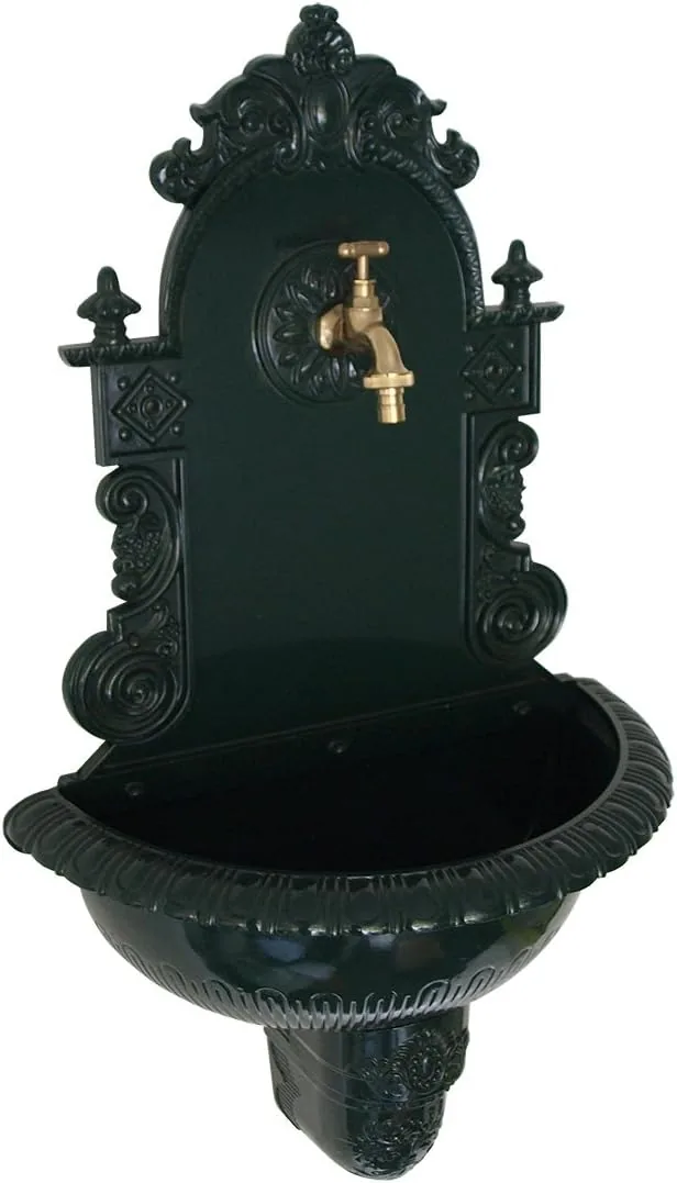 DEGAMO Wandbrunnen Tirol im Nostalgie - Antik-Look aus rostfreiem Aluguss, dunkelgrün, 75cm. Voll funktionsfähig mit Wasserhahn, Outdoor