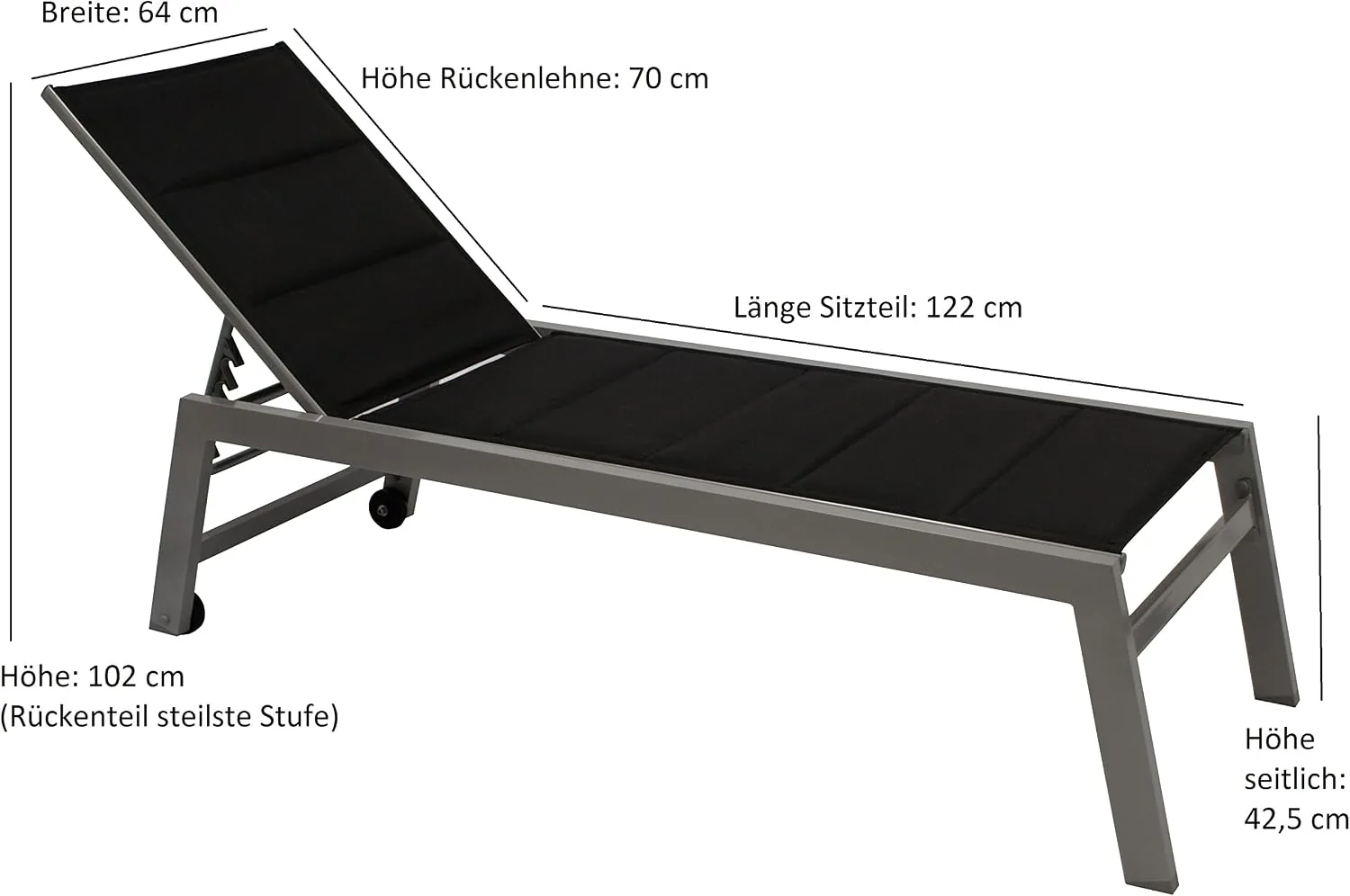 DEGAMO XL Gartenliege Rollenliege GIRONA II 205cm, extra hohe Liegefläche 43cm, Rahmen Aluminium Silbergrau, Bezug Kunstgewebe schwarz gepolstert, wetterfest, Outdoor — Ansicht 3